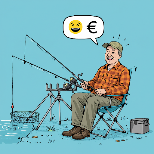 Auf dem Bild ist ein Angler zu sehen, der sich über Ersparnisse freut und mit 2 Angelruten angelt.