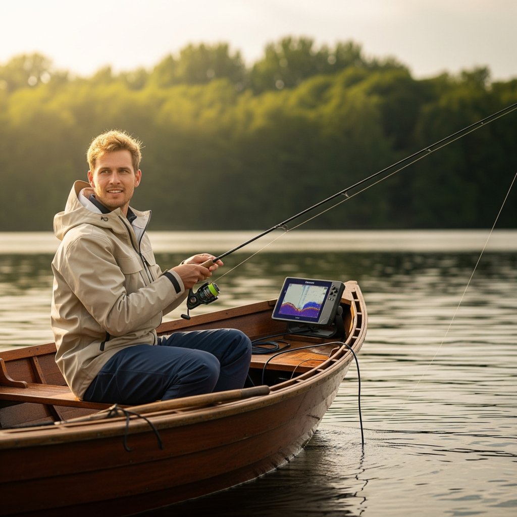 Auf dem Bild ist ein Angler auf einem Boot zu sehen. An der Vorderseite des Bootes ist ein Echolot befestigt.