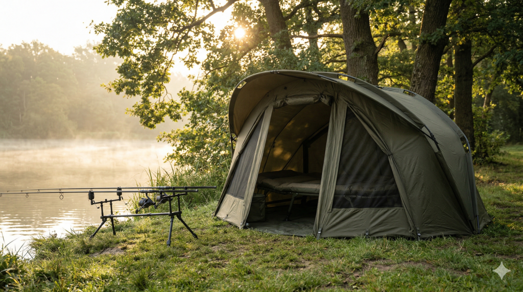 Angelzelt Vergleich am Wasser: Ein geöffnetes Bivvy mit Karpfenliege am See, im Vordergrund ein Rod Pod mit Angelruten.