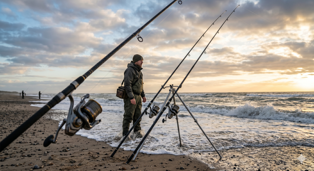 Ein leidenschaftlicher Angler beim Brandungsangeln an einem weitläufigen Nordseestrand. Zwei hochwertige Brandungsruten mit großen Big Pit Rollen sind stabil in einem Rutenhalter (Brandungsdreibein) montiert und ragen in den dramatischen Abendhimmel während eines goldenen Sonnenuntergangs.